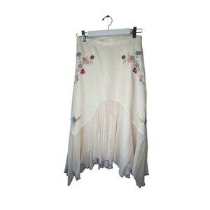 J Jill Vintage Skirt Embroidered Floral White Asymmetrical Hem Midi Size 4P